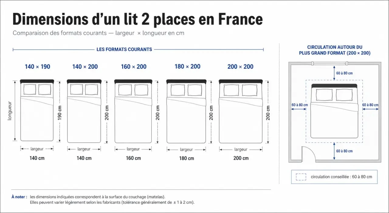 Dimensions lit 2 places : comparaison visuelle des formats 140x190, 140x200, 160x200, 180x200 et 200x200 dans une chambre