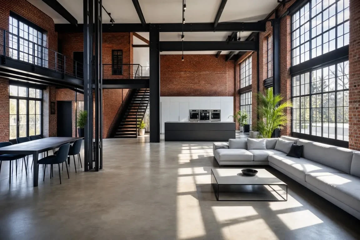 Intérieur de loft industriel avec briques apparentes et grandes verrières, illustrant la définition d'un loft.