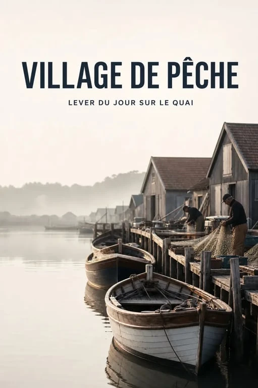 Village de peche au lever du jour avec barques, quai et ambiance authentique