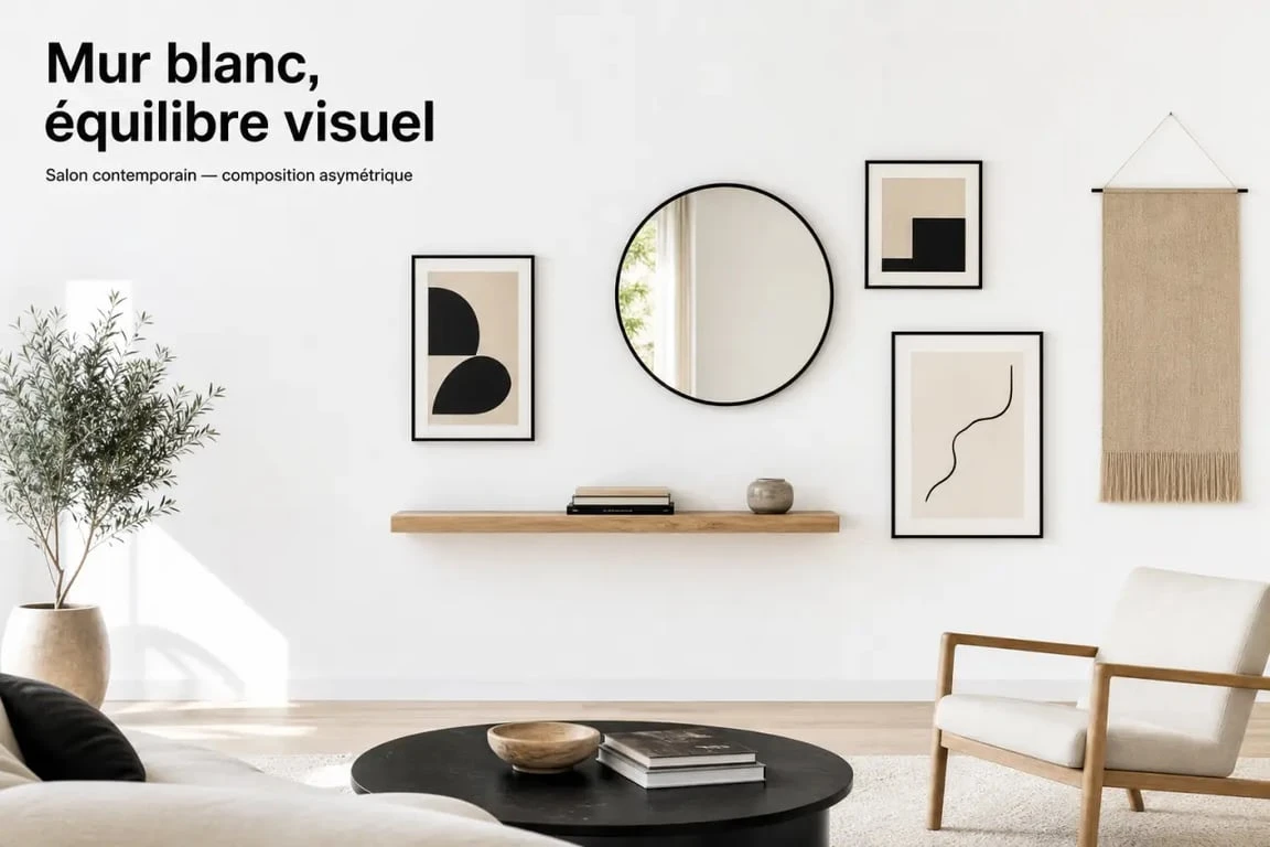 Idées pour décorer un mur blanc dans un salon contemporain avec cadres, miroir et étagère