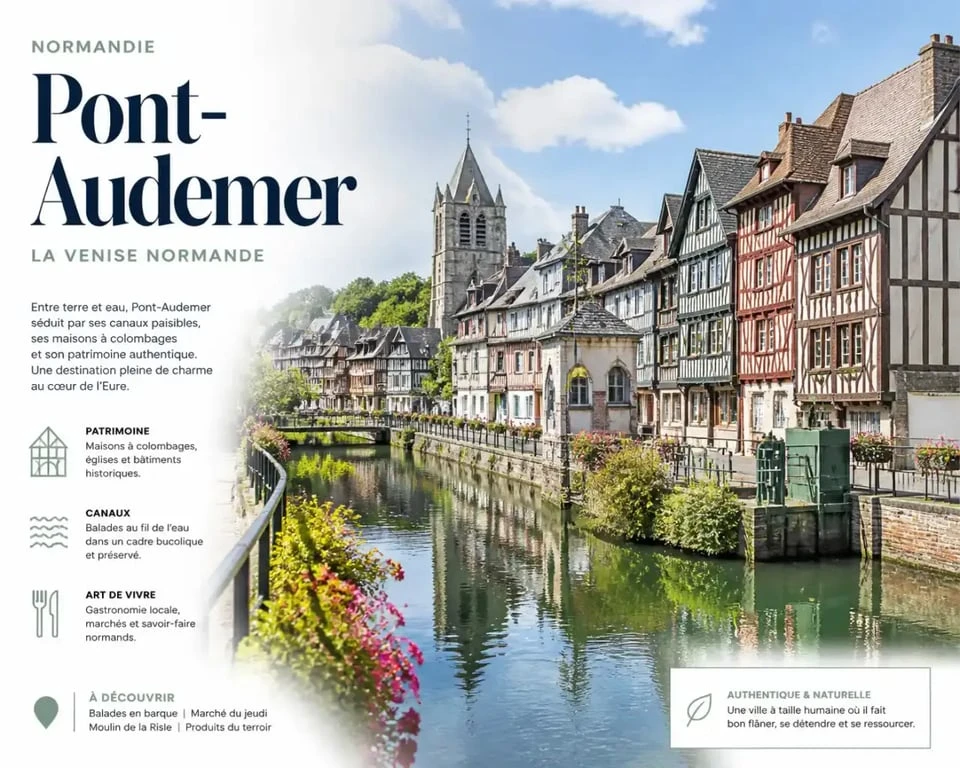 Vue pittoresque des canaux de Pont-Audemer, destination idéale pour un séjour en hôtel en Normandie.