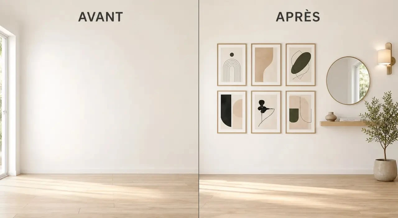 Idées pour decorer mur blanc avec un avant/après dans un salon lumineux