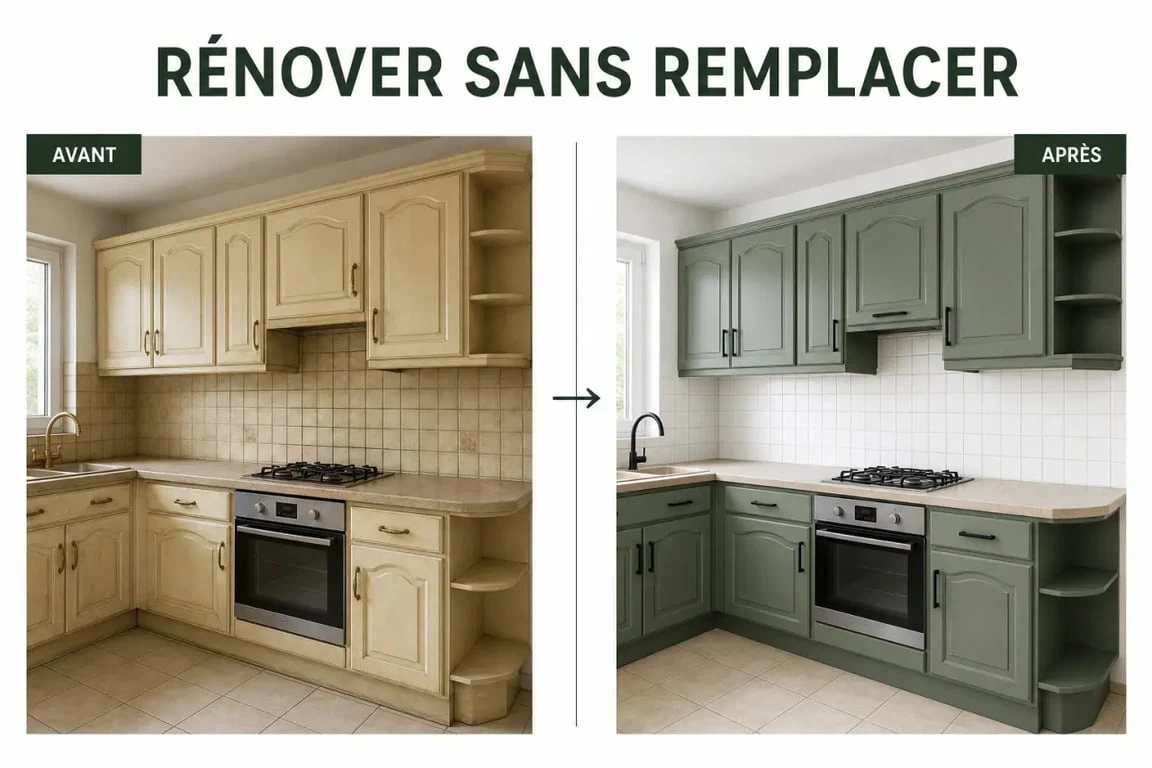 Rénover sa cuisine sans changer les meubles : avant/après d’une cuisine modernisée avec façades repeintes, nouvelles poignées et crédence rafraîchie