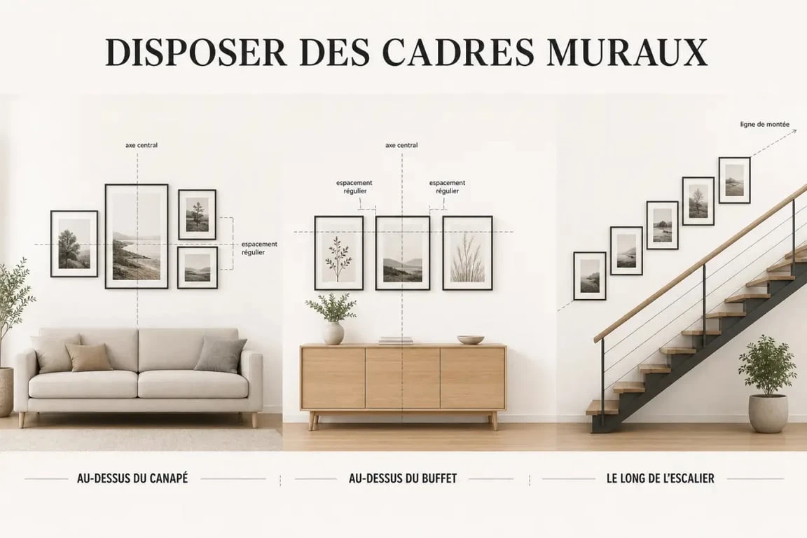 Disposition cadre mural dans un intérieur moderne avec exemples au-dessus d’un canapé, d’un buffet et d’un escalier