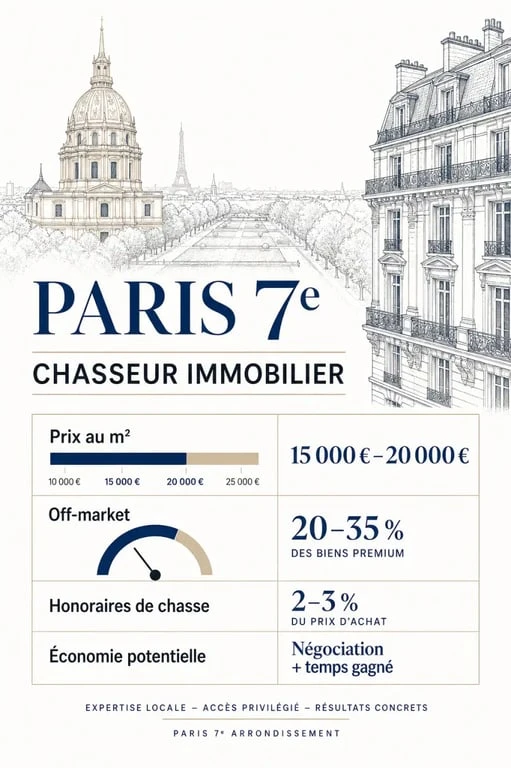 Chasseur immobilier Paris 7 : illustration éditoriale du marché immobilier et des repères de prix dans le 7e arrondissement