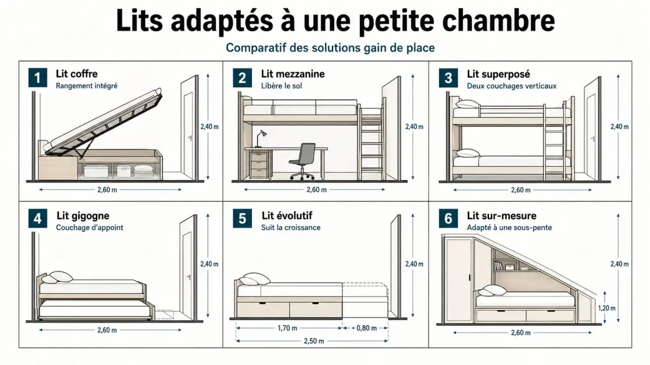 Comparatif visuel du lit pour petit chambre avec lit coffre, mezzanine, superposé, gigogne, évolutif et sur-mesure