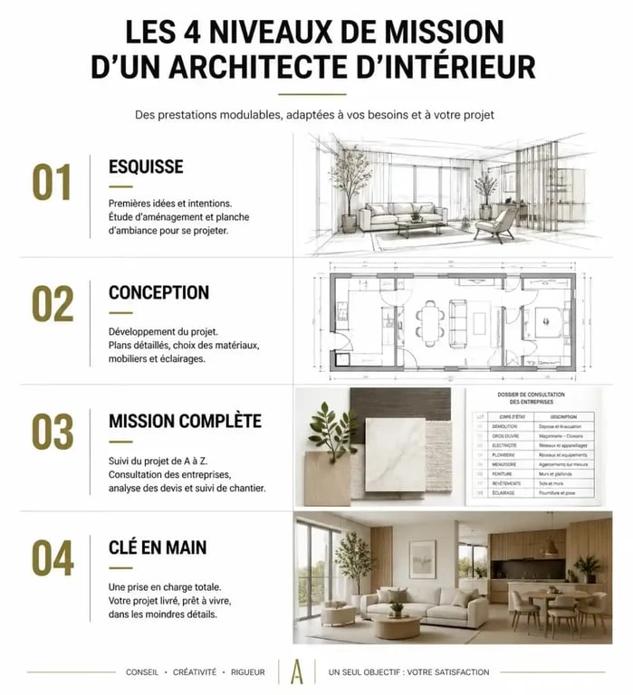 Infographie des niveaux de mission d'un architecte d'intérieur à Angers