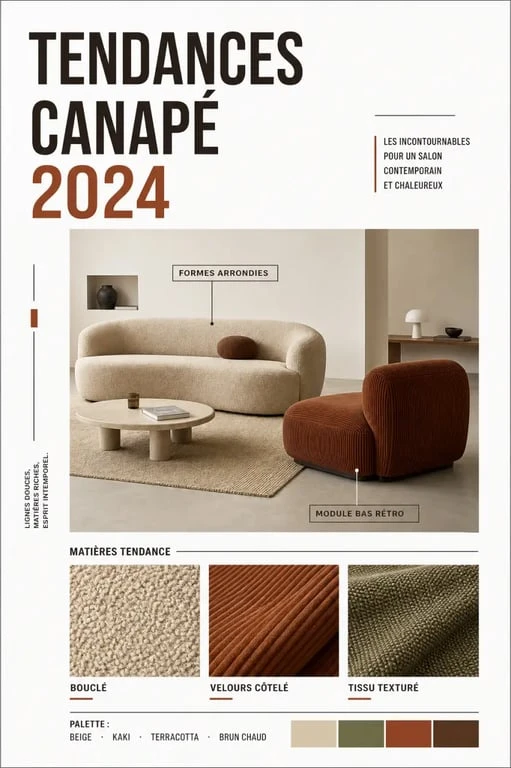 Canapé tendance 2024 : illustration des formes, matières et couleurs les plus en vogue