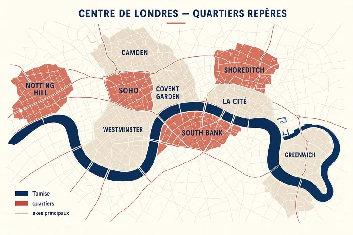 Carte quartiers de Londres : panorama éditorial du centre de Londres avec Westminster, Soho, Covent Garden, la City et South Bank