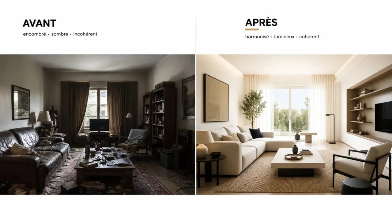 Avant/après d’un décorateur d'intérieur transformant un salon sombre en intérieur lumineux et harmonieux