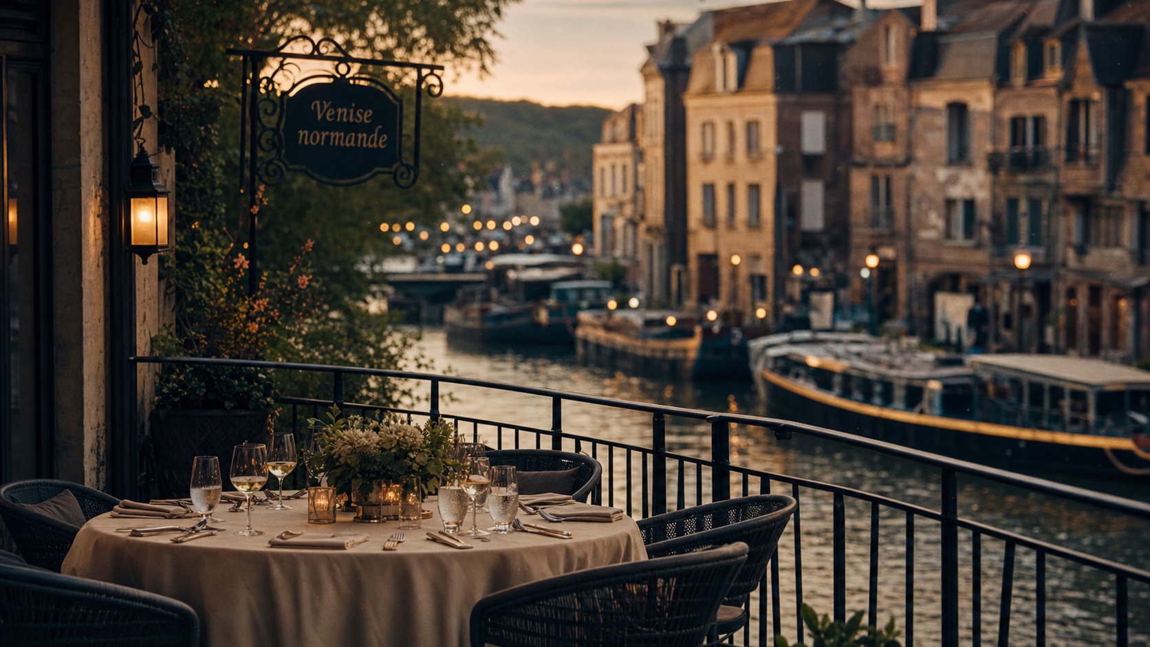 Hôtel à Pont-Audemer, terrasse au bord du canal, Venise normande