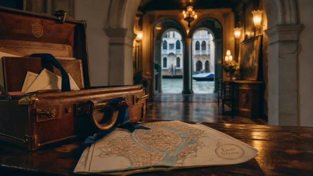 Hotel de luxe Venise : valise en cuir et plan de Venise sur table