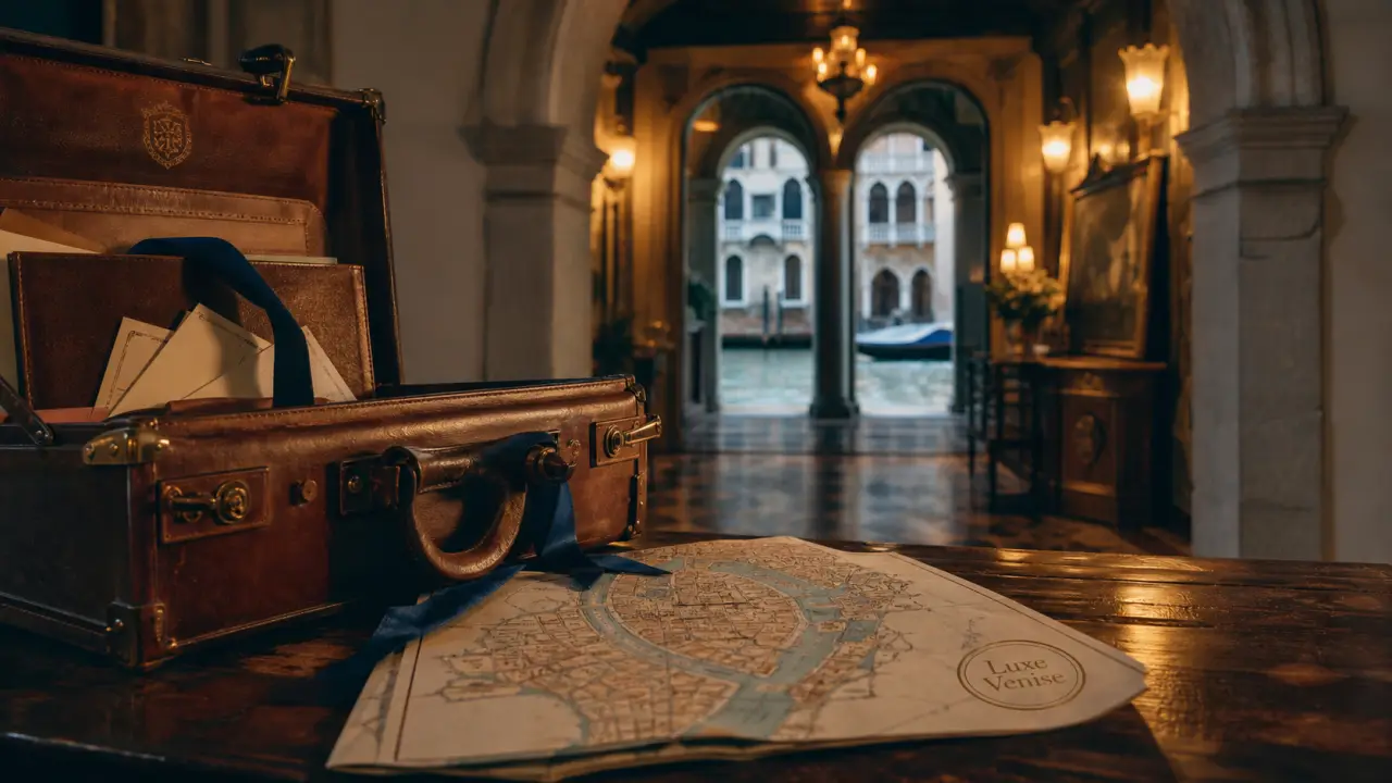 Hotel de luxe Venise : valise en cuir et plan de Venise sur table
