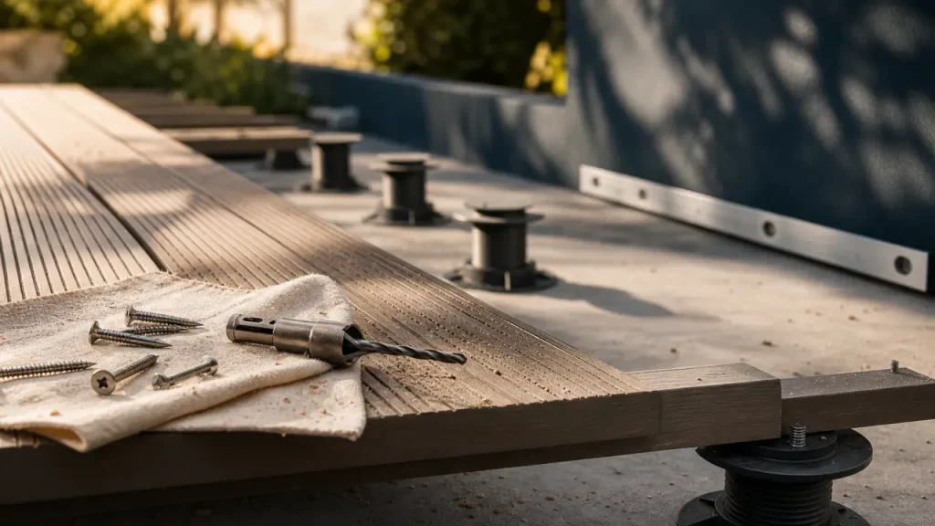 Kit terrasse : lame bois-composite sur lambourdes et plots réglables
