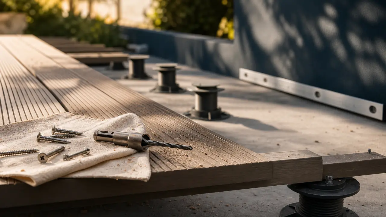 Kit terrasse : lame bois-composite sur lambourdes et plots réglables
