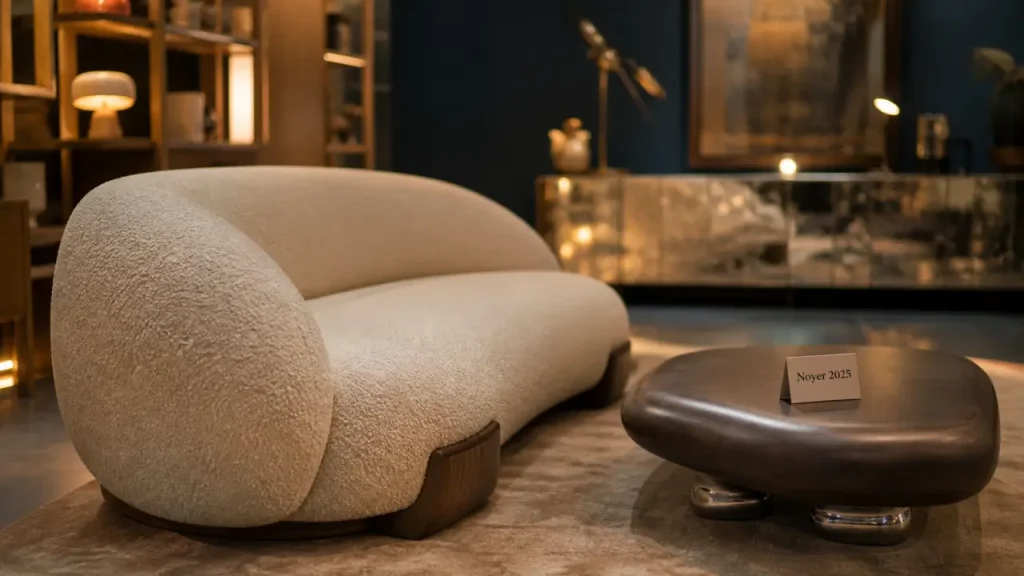 Meuble tendance 2025 noyer et chrome : salon aux formes organiques