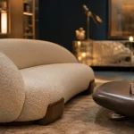 Meuble tendance 2025 noyer et chrome : salon aux formes organiques