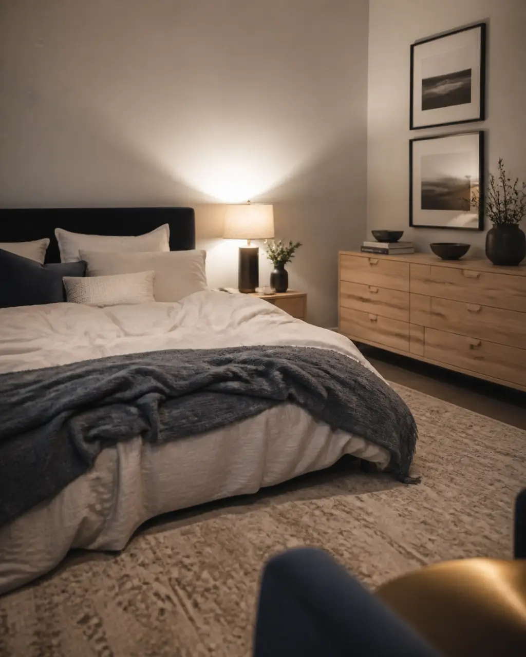 Noir et blanc chambre apaisante, linge blanc cassé et tête de lit sombre