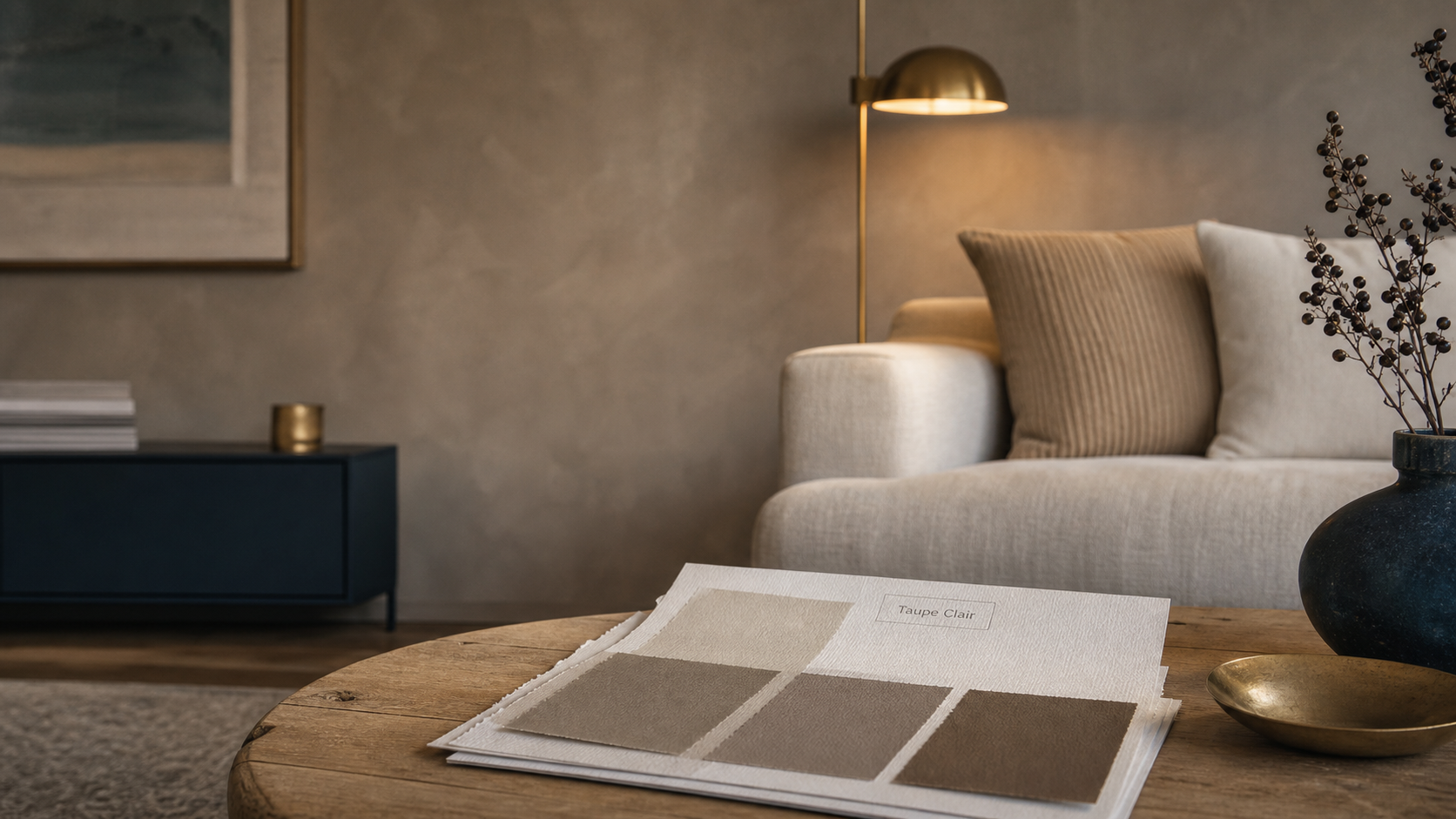 Peinture taupe sur mur gris-brun apaisant, salon contemporain
