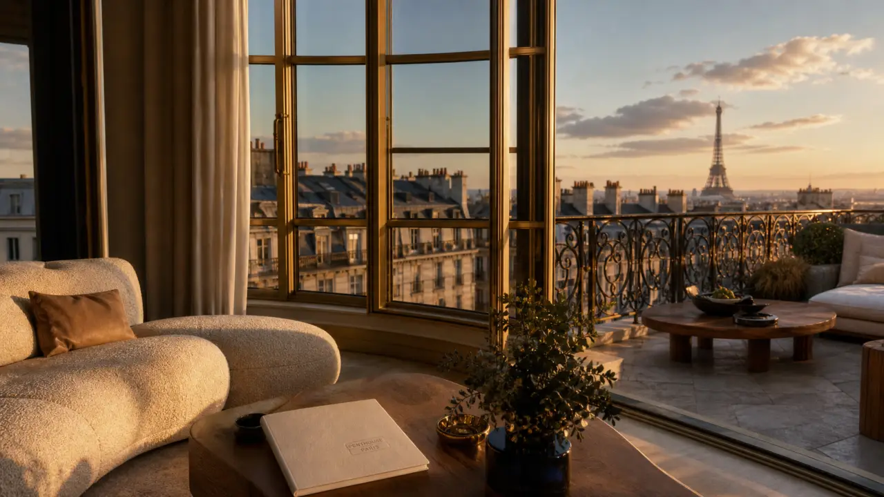 Penthouses Paris : terrasse avec vue Tour Eiffel au coucher du soleil depuis un penthouse
