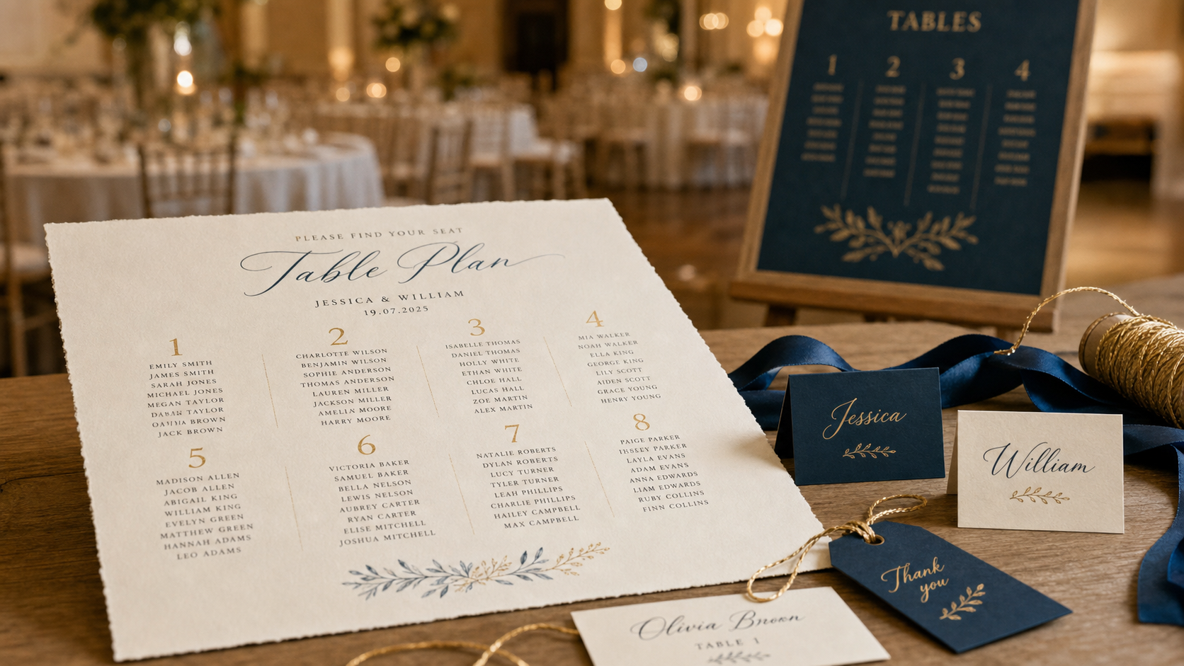 Plan de table pour un mariage : cartes-noms sur table en bois clair