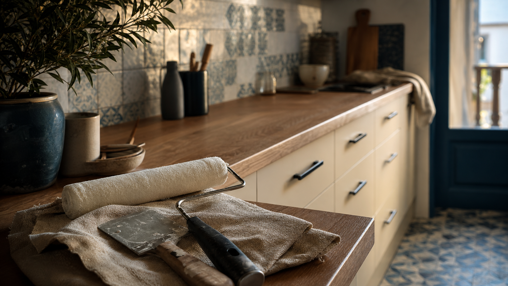 Rénover sa cuisine sans changer les meubles : façades repeintes, crédence et nouvelles poignées noires.