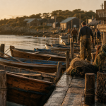Village de peche, cabanes et quais au coucher de soleil, barques et pêche