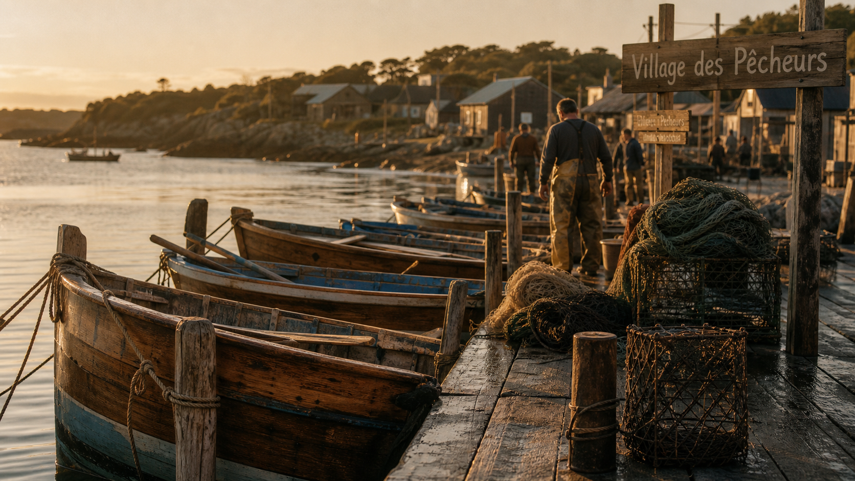 Village de peche, cabanes et quais au coucher de soleil, barques et pêche