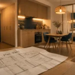 Appartement 40m2 rénové, vue entrée et cuisine ouverte, agencement studio ou deux-pièces