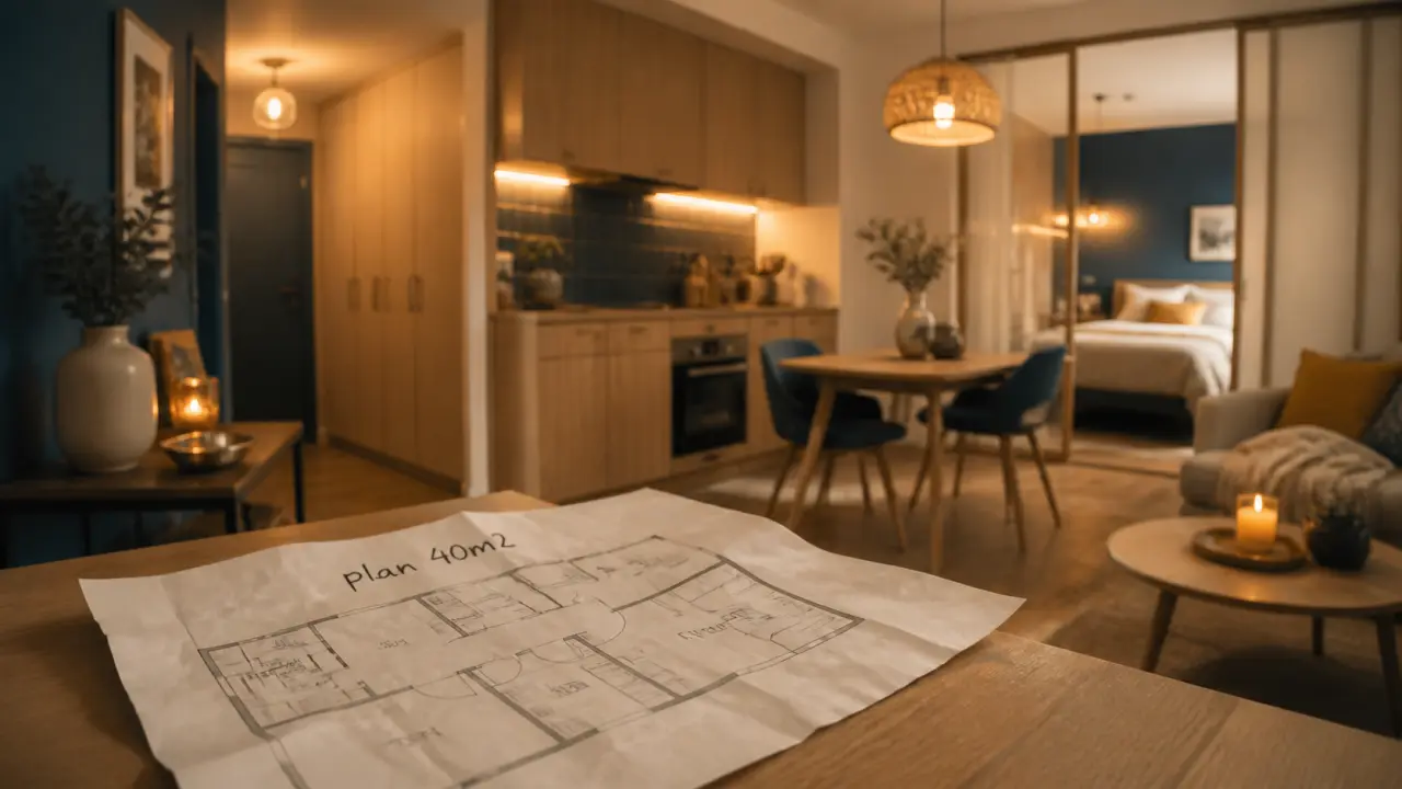 Appartement 40m2 rénové, vue entrée et cuisine ouverte, agencement studio ou deux-pièces