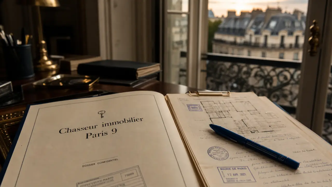 chasseur immobilier paris 9 : dossier et plan en bureau parisien