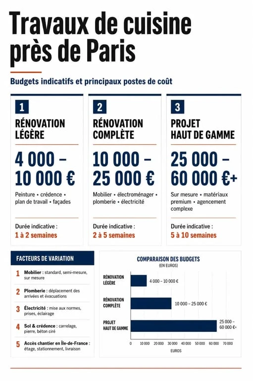 Travaux cuisine prix près de Paris France : infographie des budgets, postes de coût et écarts selon le niveau de rénovation