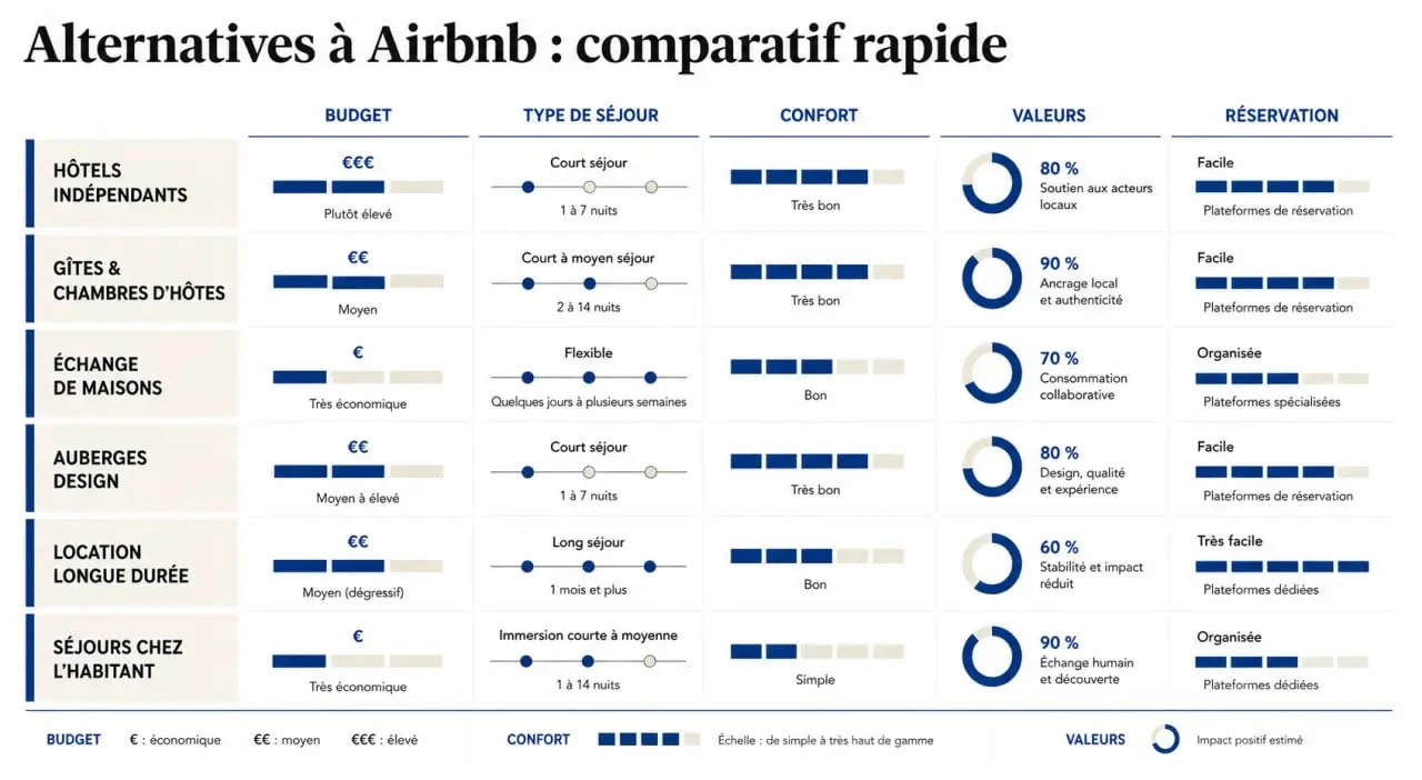 Alternatives à Airbnb : comparatif visuel des plateformes selon budget, confort et valeurs