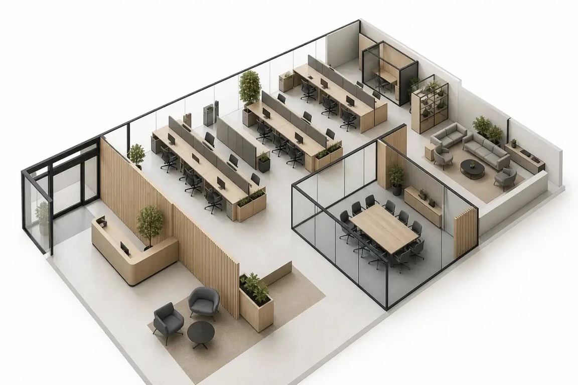 Aménagement professionnel d’un bureau moderne avec zones de travail, réunion et accueil