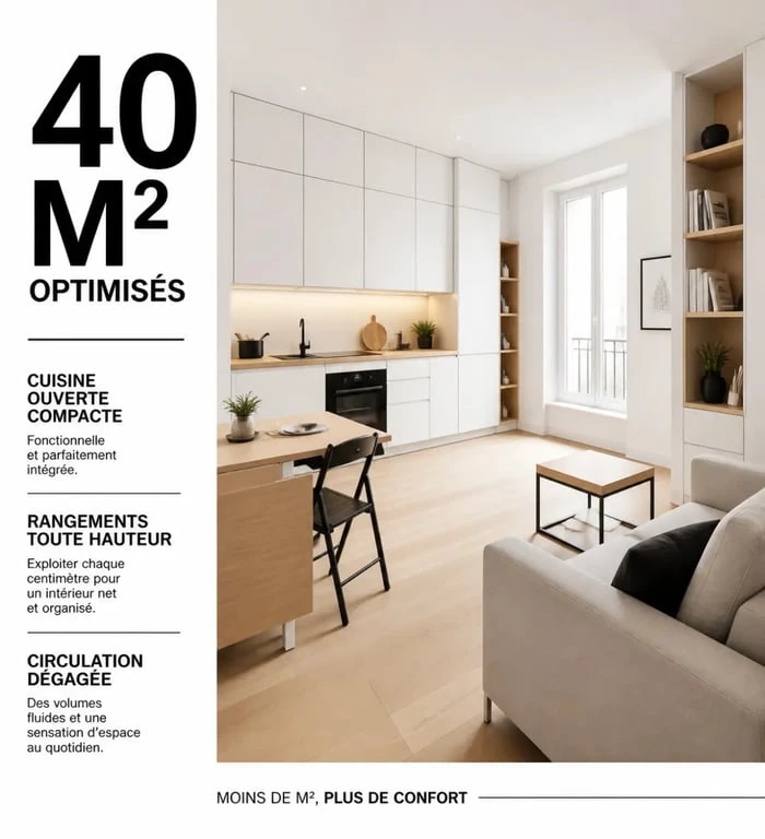 Appartement 40m2 rénové avec cuisine ouverte et rangements intégrés