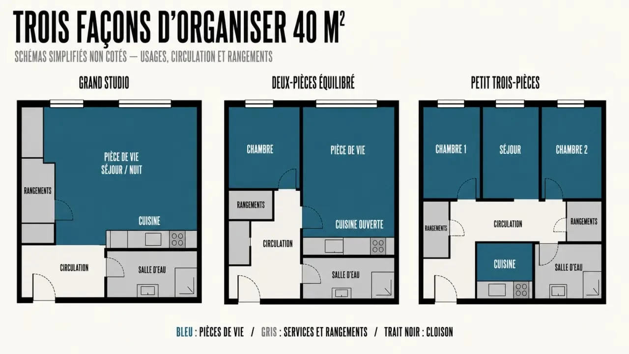 Appartement 40m2 : trois configurations de plan en studio, deux-pièces et petit trois-pièces