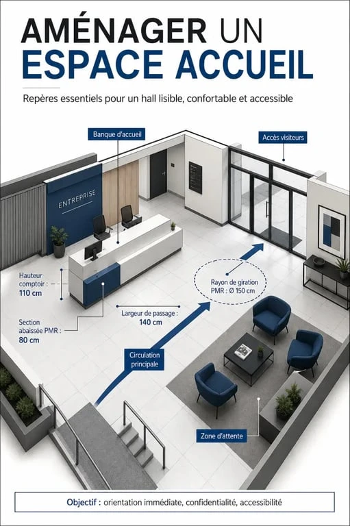 Aménagement espace accueil d’entreprise avec banque d’accueil, zone d’attente et repères de circulation