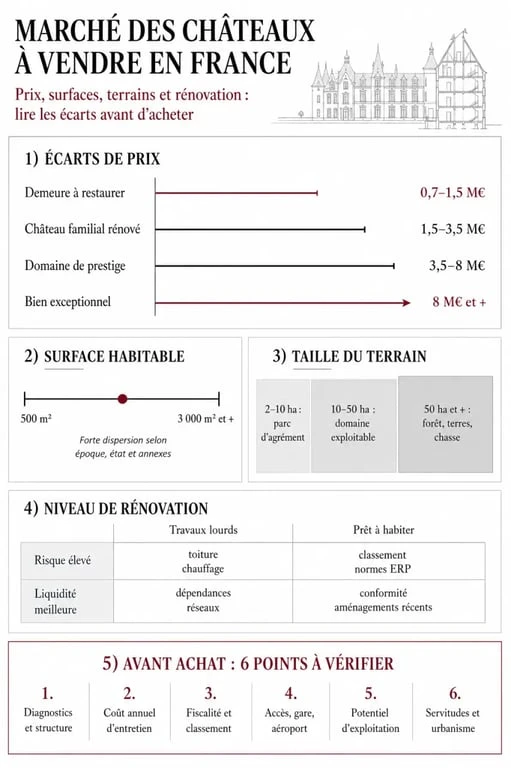 chateau achat france : visualisation des critères de prix, surface et terrain avant achat