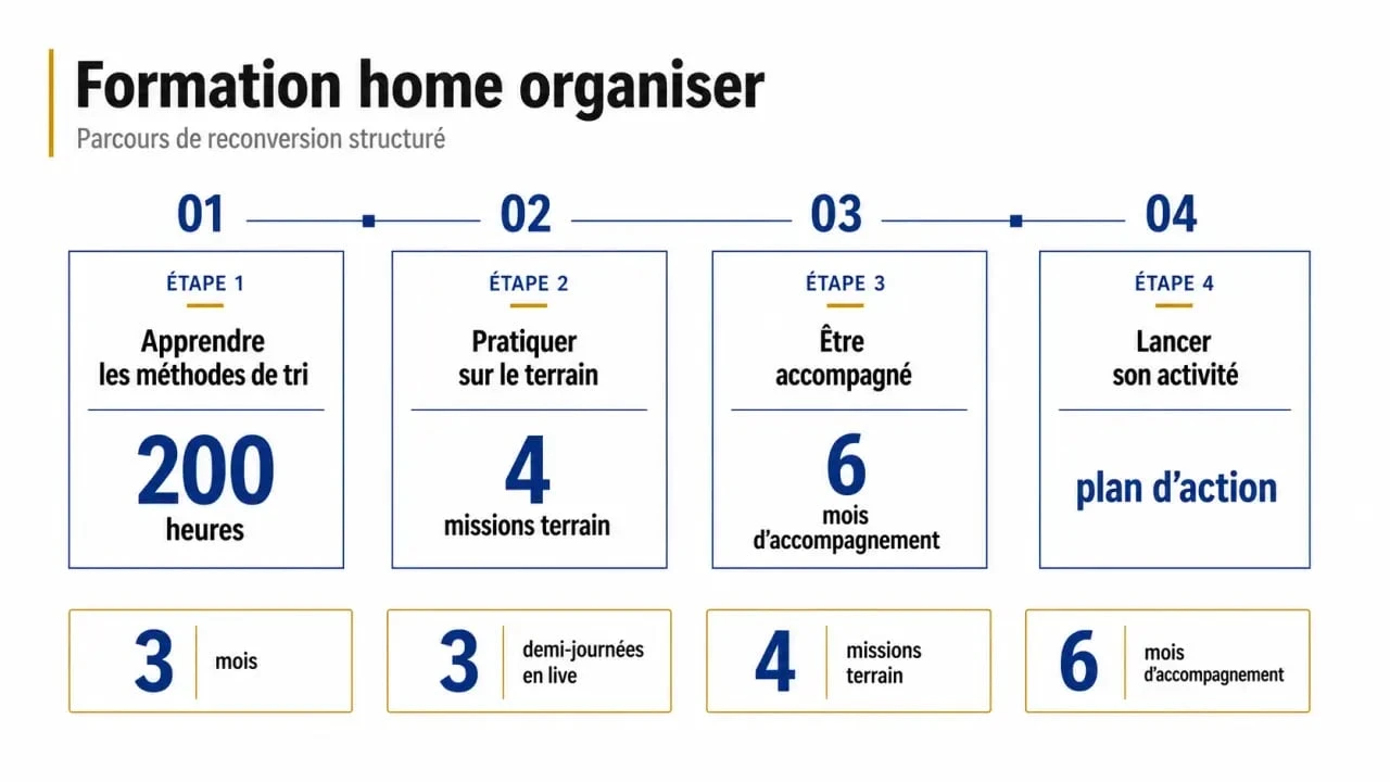 Infographie sur la formation home organiser avec les étapes, la durée et l’accompagnement