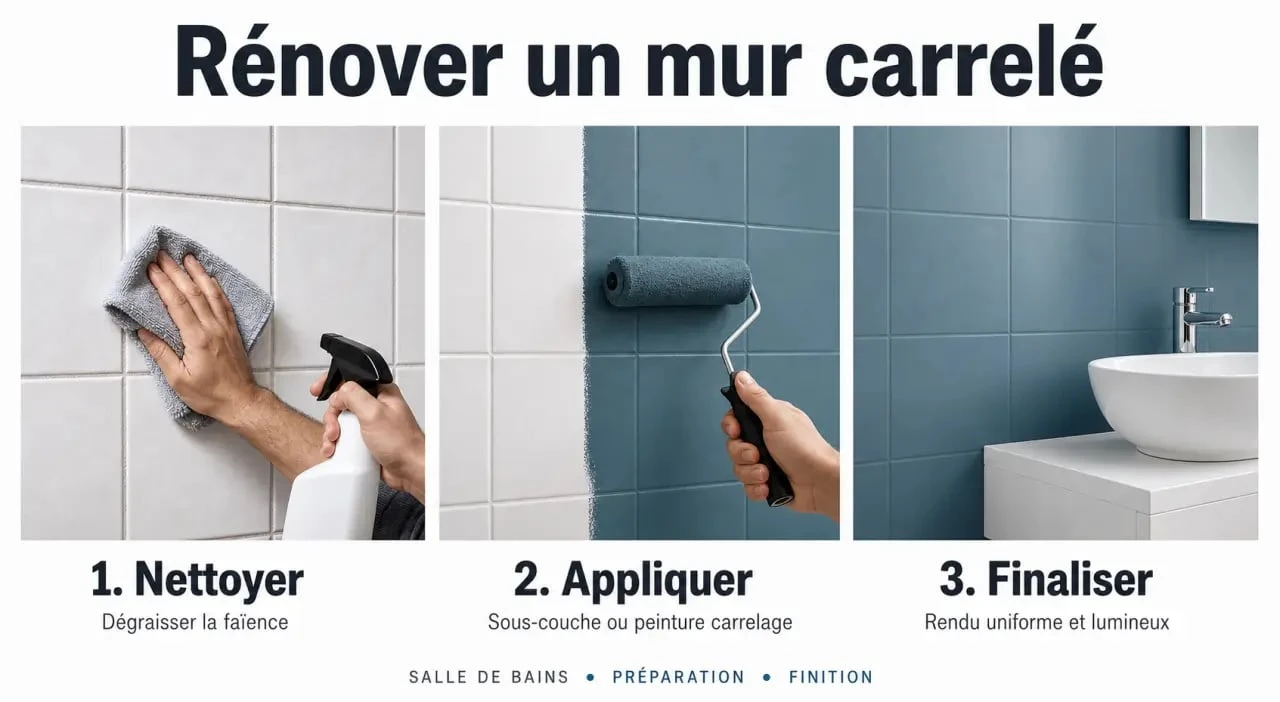 Peinture carrelage murale : préparation du support et application au rouleau sur une faïence de salle de bains