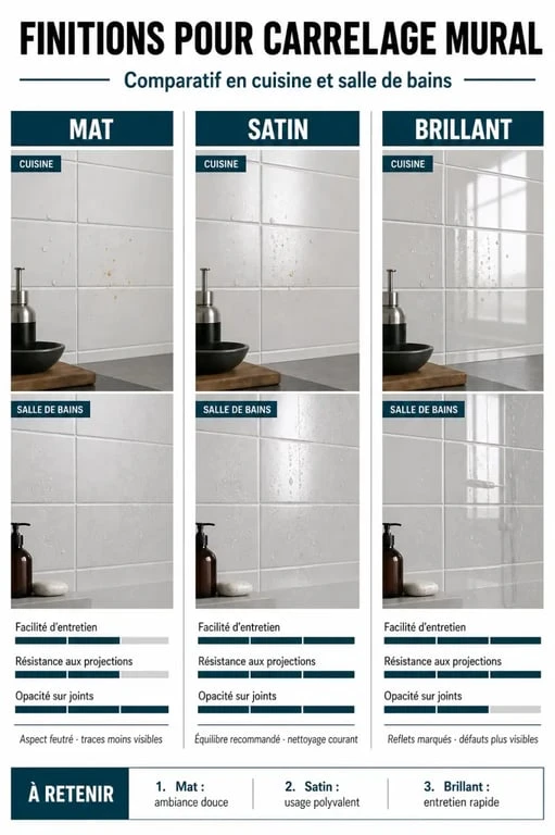 Peinture carrelage murale : comparaison des finitions mat, satin et brillant pour cuisine et salle de bains