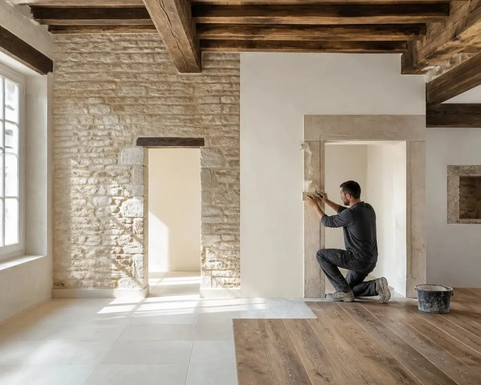 Rénovation intérieure cluny dans une maison ancienne en pierre, salon modernisé avec artisan en intervention