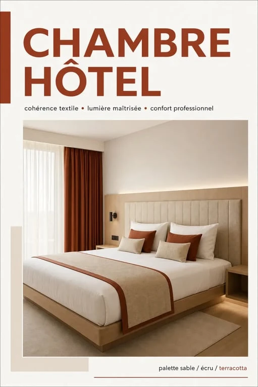 Décoration d’intérieur hôtel dans une chambre contemporaine chaleureuse avec textiles coordonnés et éclairage doux