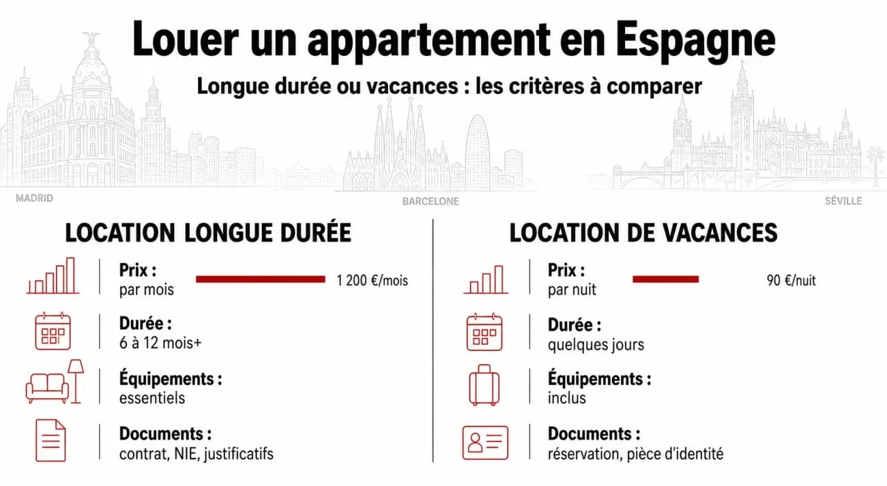 Comparatif location appartement en espagne entre longue durée et vacances avec critères de prix, durée et équipements