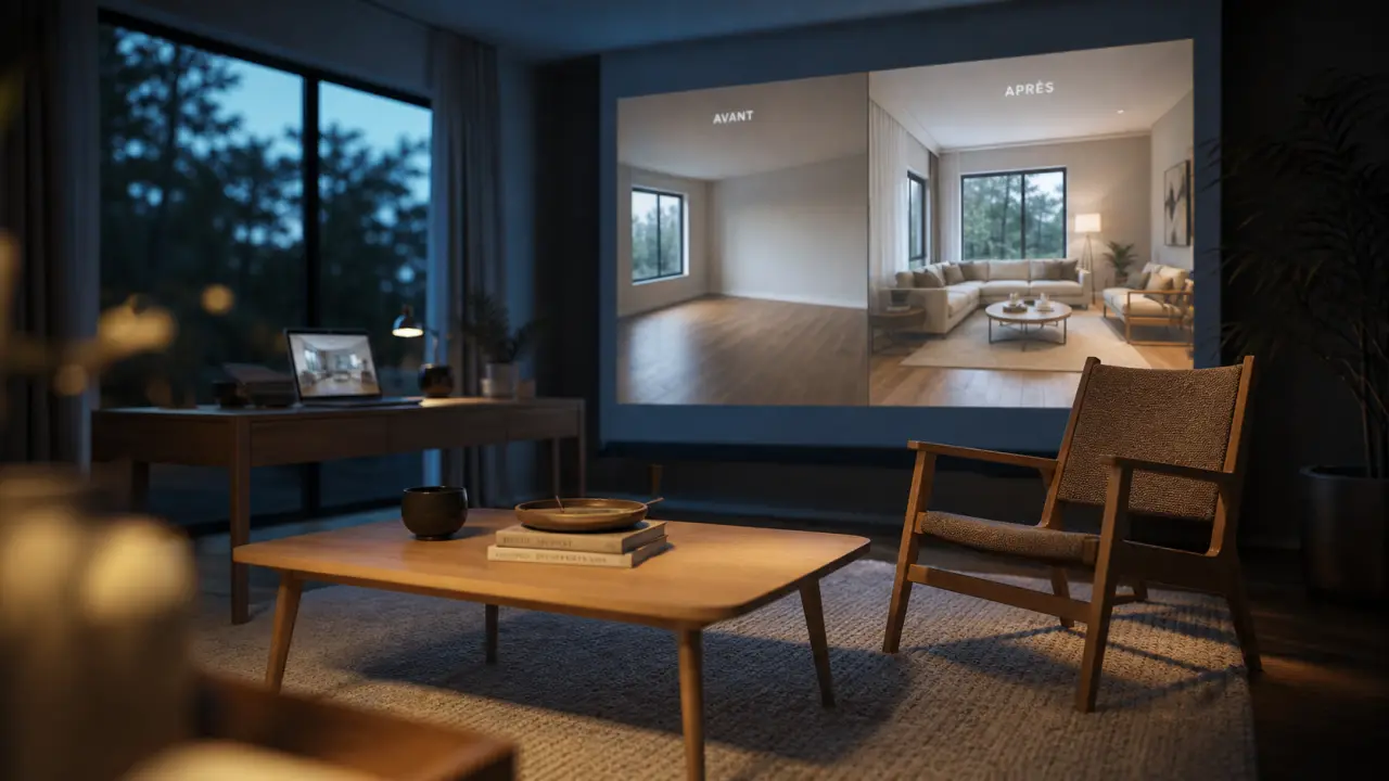 Home staging virtuel pour un salon vide : rendu avant/après réaliste