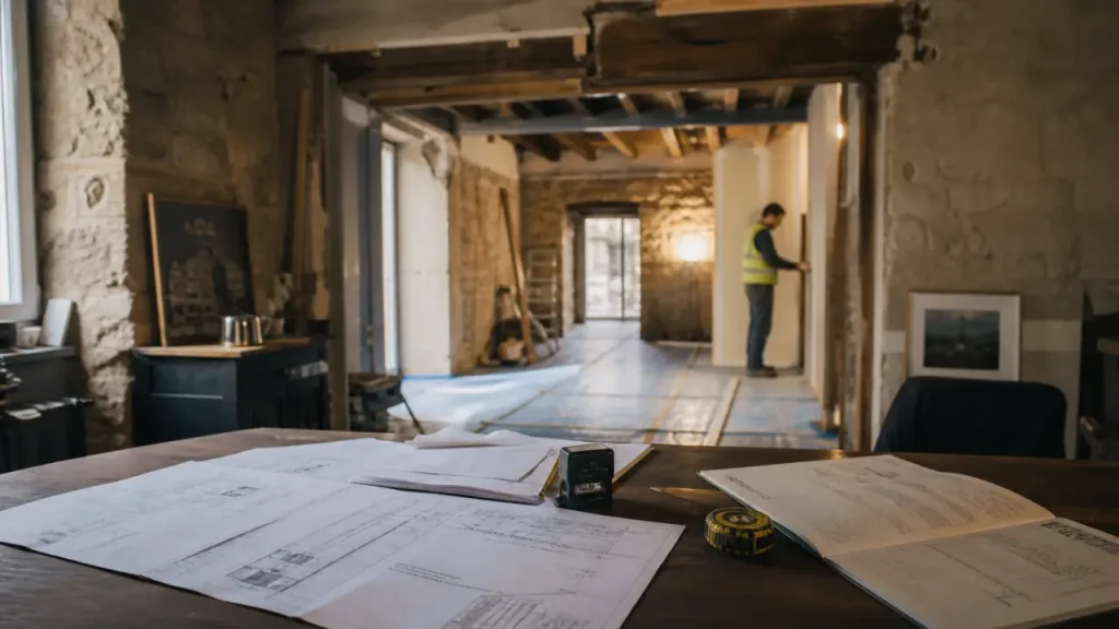 Rénovation intérieure Cluny : salon ancien en chantier