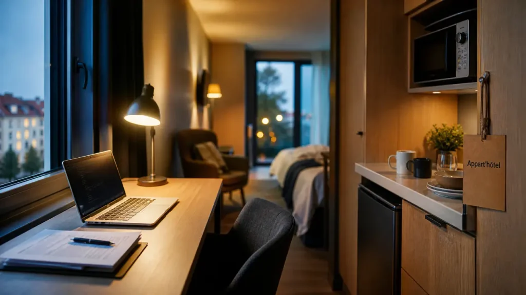 Séjour affaires Lyon : intérieur appart’hôtel, bureau et kitchenette