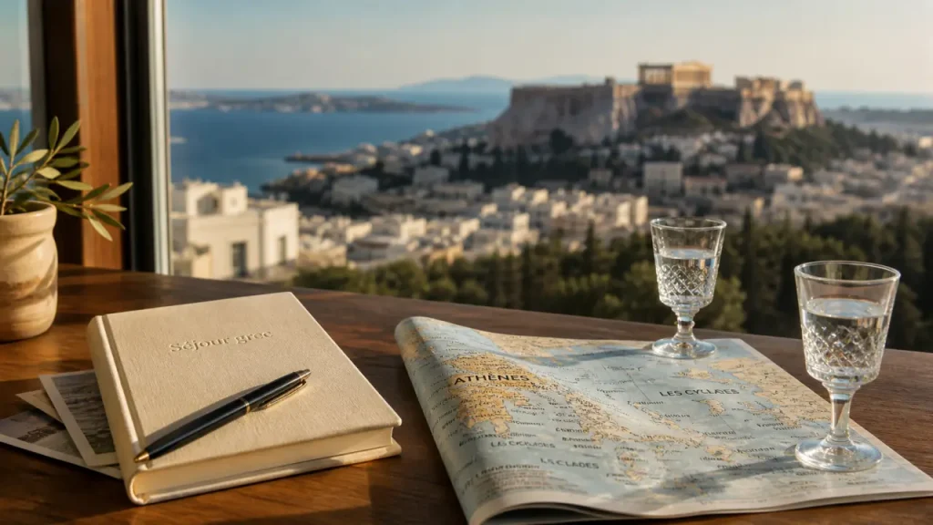Voyage luxe grece : carte des Cyclades, Crète et Péloponnèse, vue mer et Acropole