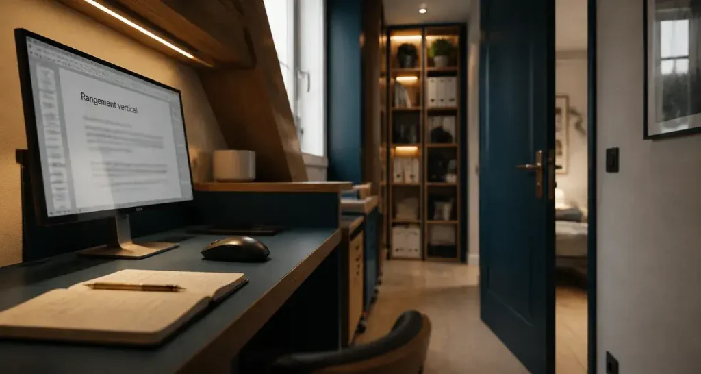Aménagement bureau professionnel petit espace : bureau compact et rangement vertical