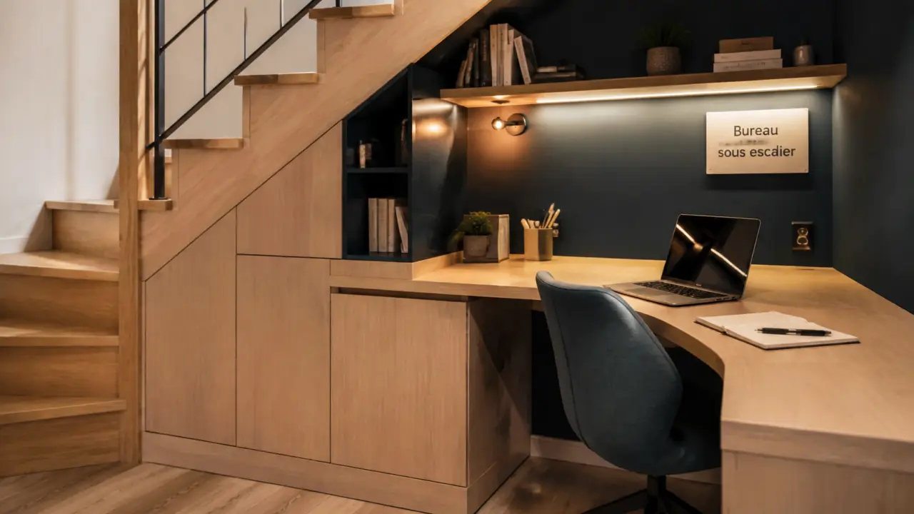 Aménagement bureau sous escalier : bureau 50 à 60 cm et 400 lux